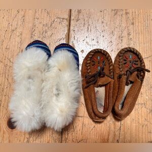 Fuzzy White and Brown Moccasins Set
